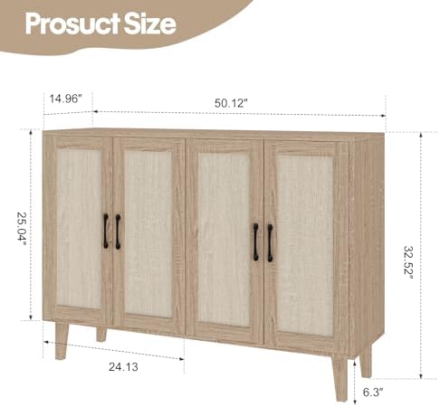 Panana Buffet Storage Cabinet with Rattan Decorating 4 Doors Living Room Kitchen Sideboard 48 43 x 34 65 x 15 inch  Natural Wood 