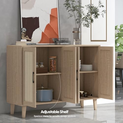 Panana Buffet Storage Cabinet with Rattan Decorating 4 Doors Living Room Kitchen Sideboard 48 43 x 34 65 x 15 inch  Natural Wood 