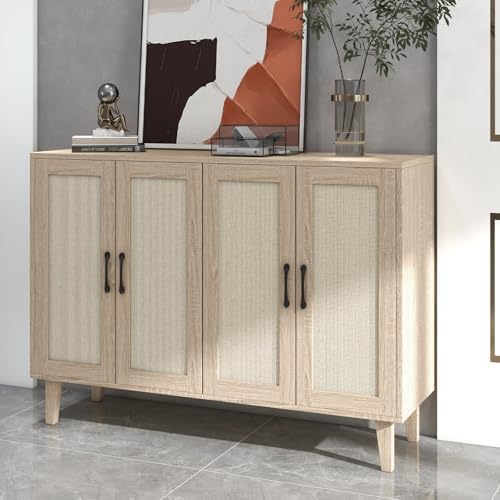 Panana Buffet Storage Cabinet with Rattan Decorating 4 Doors Living Room Kitchen Sideboard 48 43 x 34 65 x 15 inch  Natural Wood 