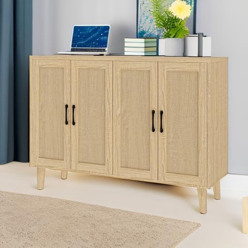 Panana Buffet Storage Cabinet with Rattan Decorating 4 Doors Living Room Kitchen Sideboard 48 43 x 34 65 x 15 inch  Natural Wood 