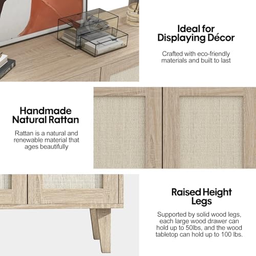 Panana Buffet Storage Cabinet with Rattan Decorating 4 Doors Living Room Kitchen Sideboard 48 43 x 34 65 x 15 inch  Natural Wood 