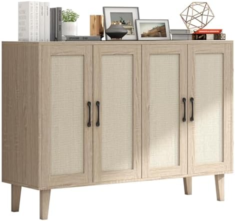 Panana Buffet Storage Cabinet with Rattan Decorating 4 Doors Living Room Kitchen Sideboard 48 43 x 34 65 x 15 inch  Natural Wood 