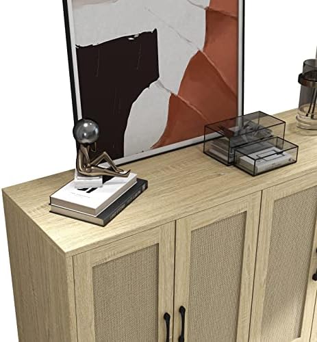Panana Buffet Storage Cabinet with Rattan Decorating 4 Doors Living Room Kitchen Sideboard 48 43 x 34 65 x 15 inch  Natural Wood 