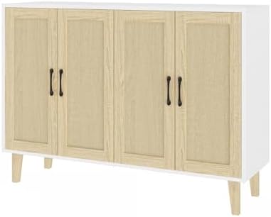 Panana Buffet Storage Cabinet with Rattan Decorating 4 Doors Living Room Kitchen Sideboard 48 43 x 34 65 x 15 inch  Natural Wood 