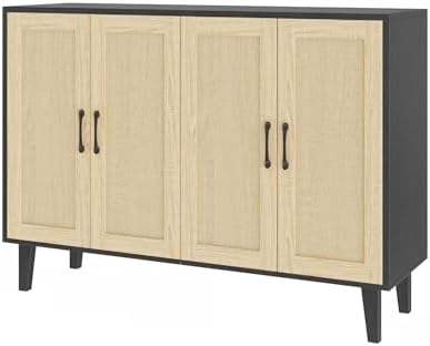 Panana Buffet Storage Cabinet with Rattan Decorating 4 Doors Living Room Kitchen Sideboard 48 43 x 34 65 x 15 inch  Natural Wood 