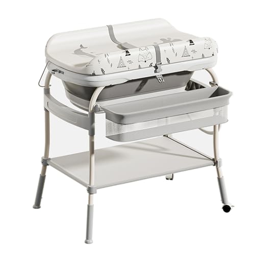 PandaEar 2 in 1 Baby Bathtub & Changing Table  Adjustable Height Folding Diaper Station Waterproof Pad with Storage Rack & Wheels  Baby Bath Tub with Thermometer