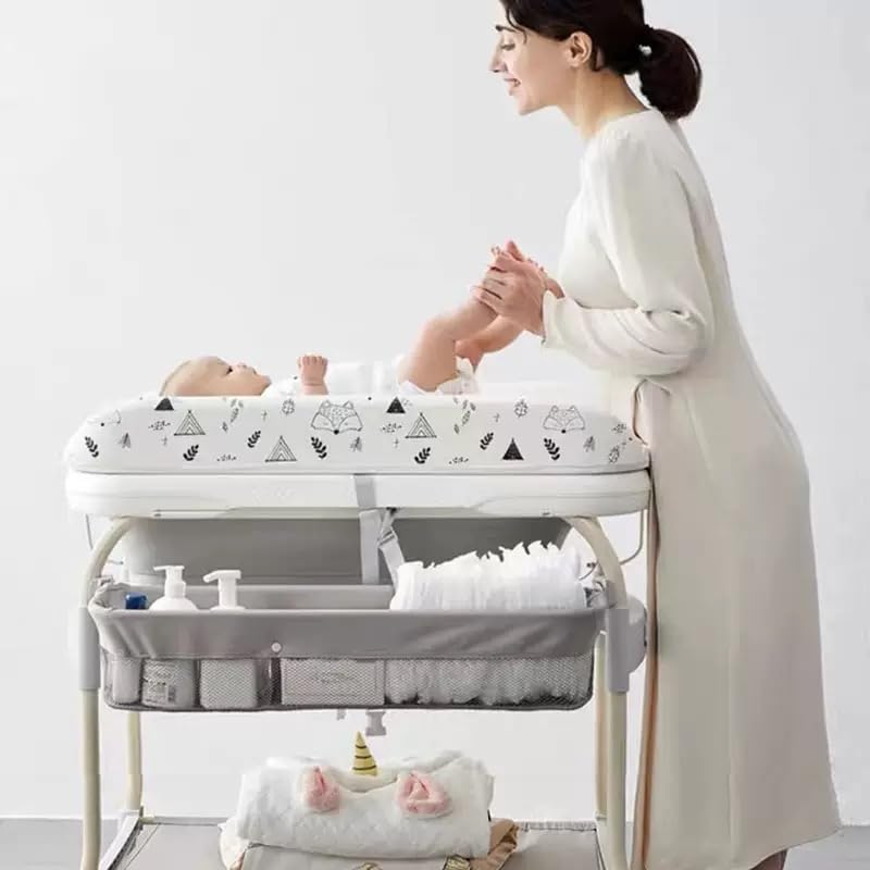 PandaEar 2 in 1 Baby Bathtub & Changing Table  Adjustable Height Folding Diaper Station Waterproof Pad with Storage Rack & Wheels  Baby Bath Tub with Thermometer
