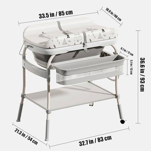 PandaEar 2 in 1 Baby Bathtub & Changing Table  Adjustable Height Folding Diaper Station Waterproof Pad with Storage Rack & Wheels  Baby Bath Tub with Thermometer