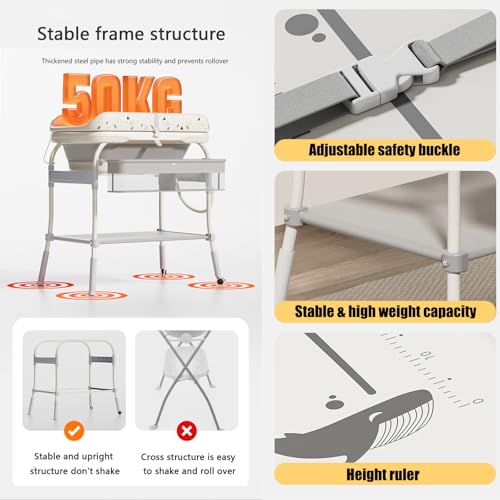 PandaEar 2 in 1 Baby Bathtub & Changing Table  Adjustable Height Folding Diaper Station Waterproof Pad with Storage Rack & Wheels  Baby Bath Tub with Thermometer