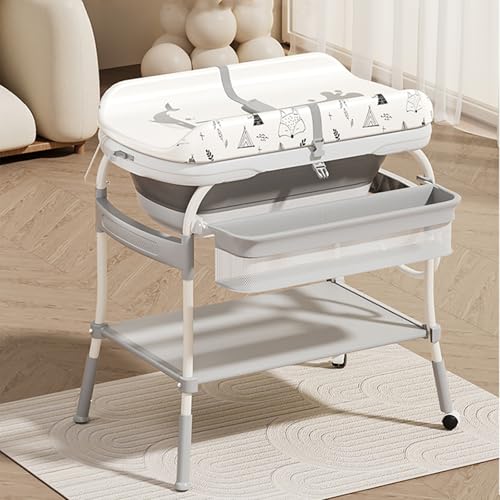 PandaEar 2 in 1 Baby Bathtub & Changing Table  Adjustable Height Folding Diaper Station Waterproof Pad with Storage Rack & Wheels  Baby Bath Tub with Thermometer