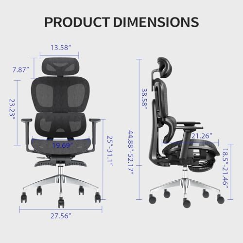 PatioMage Ergonomic Office Chair  Big and Tall Desk Chair with Adjustable Lumbar Support & Seat Depth  High Back Computer Chair  Swivel Mesh Chairs with Wheels for Home Office  Black