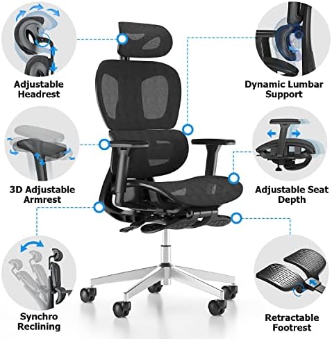 PatioMage Ergonomic Office Chair  Big and Tall Desk Chair with Adjustable Lumbar Support & Seat Depth  High Back Computer Chair  Swivel Mesh Chairs with Wheels for Home Office  Black