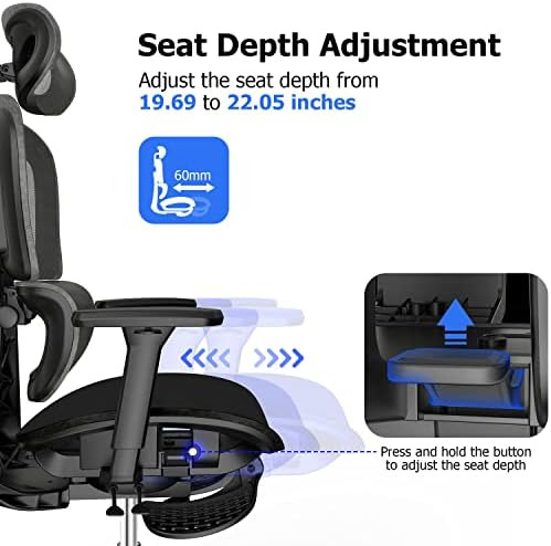 PatioMage Ergonomic Office Chair  Big and Tall Desk Chair with Adjustable Lumbar Support & Seat Depth  High Back Computer Chair  Swivel Mesh Chairs with Wheels for Home Office  Black