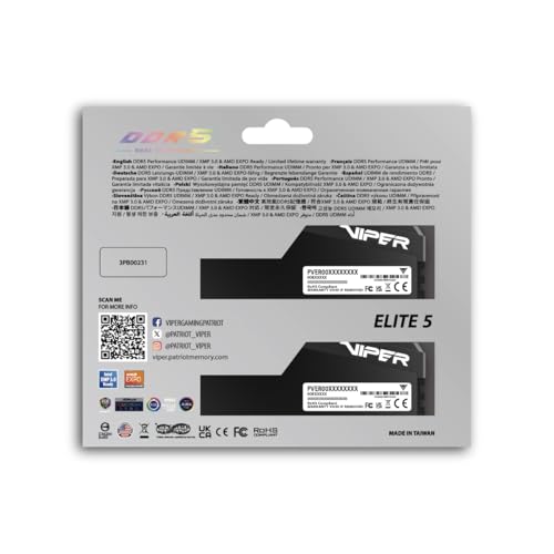 Patriot Viper Elite 5 Ultra Gaming RGB DDR5 RAM 32GB  2X16GB  6000MT/s CL28 1 4v UDIMM Desktop Gaming Memory Kit Compatible with Intel XMP AMD Expo   VEUR532G6028K