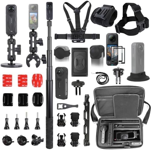 PellKing Accessories Kit for insta360 X5 Included Carrying Case with Belt 2 Pcs Metal 1/4 Adapter Handlebar Clamp Magnetic Mount 43in Selfie Stick Chest Strap Head Strap Backpack Mount and Others