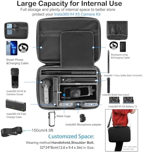PellKing Accessories Kit for insta360 X5 Included Carrying Case with Belt 2 Pcs Metal 1/4 Adapter Handlebar Clamp Magnetic Mount 43in Selfie Stick Chest Strap Head Strap Backpack Mount and Others
