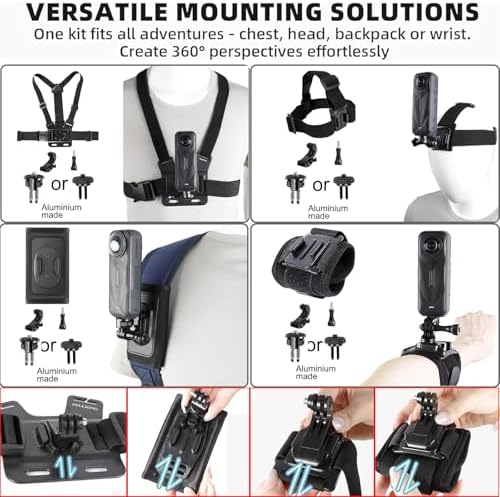PellKing Accessories Kit for insta360 X5 Included Carrying Case with Belt 2 Pcs Metal 1/4 Adapter Handlebar Clamp Magnetic Mount 43in Selfie Stick Chest Strap Head Strap Backpack Mount and Others