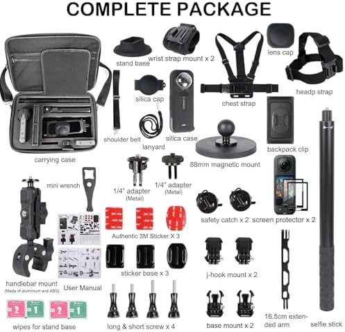 PellKing Accessories Kit for insta360 X5 Included Carrying Case with Belt 2 Pcs Metal 1/4 Adapter Handlebar Clamp Magnetic Mount 43in Selfie Stick Chest Strap Head Strap Backpack Mount and Others