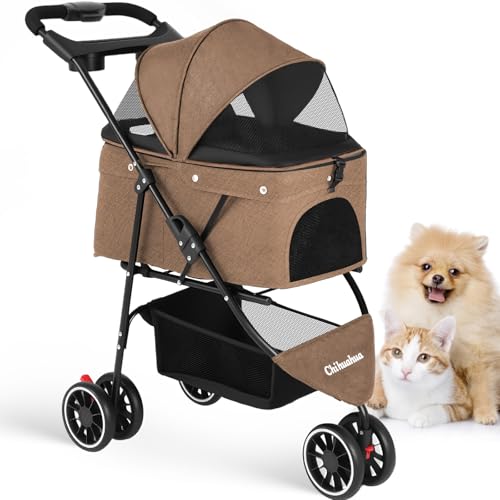 Pet Stroller Dog Stroller for Small Medium Dogs Cats 3 Wheels Foldable with Breathable Mesh Canopy Cup Holders Easy Assembly Deep Brown