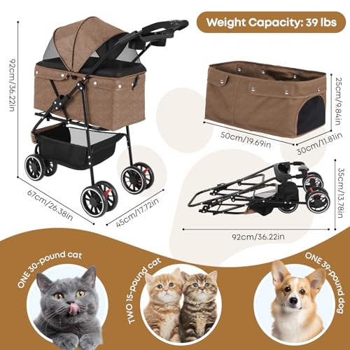 Pet Stroller Dog Stroller for Small Medium Dogs Cats 3 Wheels Foldable with Breathable Mesh Canopy Cup Holders Easy Assembly Deep Brown
