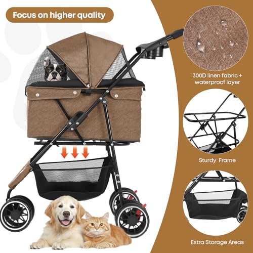 Pet Stroller Dog Stroller for Small Medium Dogs Cats 3 Wheels Foldable with Breathable Mesh Canopy Cup Holders Easy Assembly Deep Brown