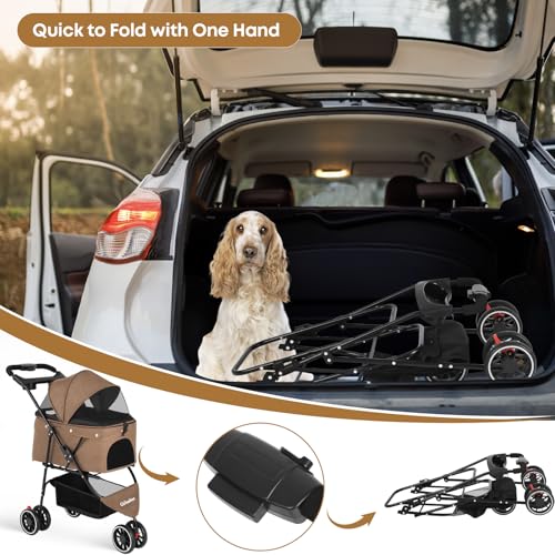Pet Stroller Dog Stroller for Small Medium Dogs Cats 3 Wheels Foldable with Breathable Mesh Canopy Cup Holders Easy Assembly Deep Brown