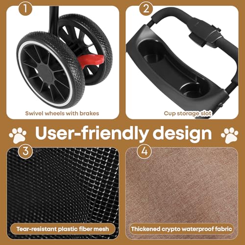 Pet Stroller Dog Stroller for Small Medium Dogs Cats 3 Wheels Foldable with Breathable Mesh Canopy Cup Holders Easy Assembly Deep Brown