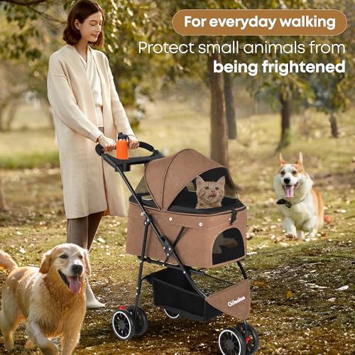 Pet Stroller Dog Stroller for Small Medium Dogs Cats 3 Wheels Foldable with Breathable Mesh Canopy Cup Holders Easy Assembly Deep Brown