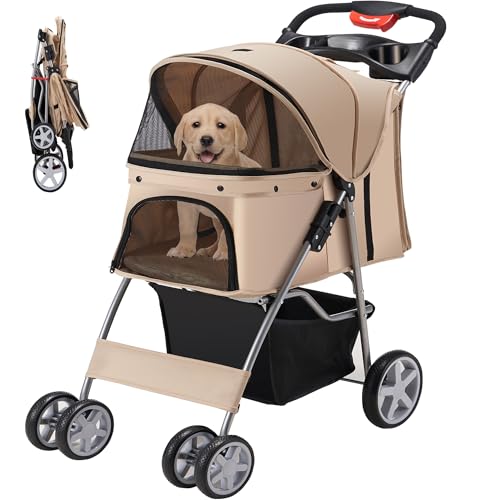 Pet Stroller  4 Wheels Pet Strolling Cart for Medium/Small Dogs and Cats  Foldable Cat Jogger/Dog Stroller with Cup Holder  Storage Basket  Breathable Mesh  All Season Pet Carrier  Khaki