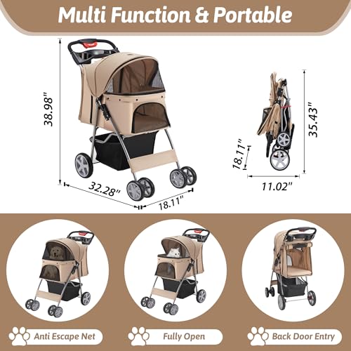 Pet Stroller  4 Wheels Pet Strolling Cart for Medium/Small Dogs and Cats  Foldable Cat Jogger/Dog Stroller with Cup Holder  Storage Basket  Breathable Mesh  All Season Pet Carrier  Khaki