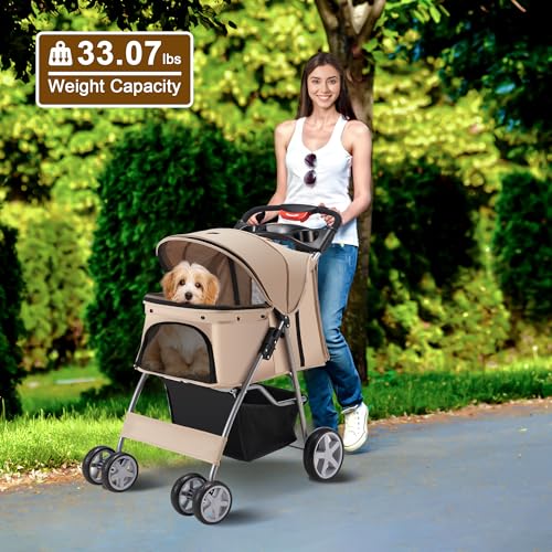 Pet Stroller  4 Wheels Pet Strolling Cart for Medium/Small Dogs and Cats  Foldable Cat Jogger/Dog Stroller with Cup Holder  Storage Basket  Breathable Mesh  All Season Pet Carrier  Khaki