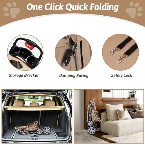 Pet Stroller  4 Wheels Pet Strolling Cart for Medium/Small Dogs and Cats  Foldable Cat Jogger/Dog Stroller with Cup Holder  Storage Basket  Breathable Mesh  All Season Pet Carrier  Khaki