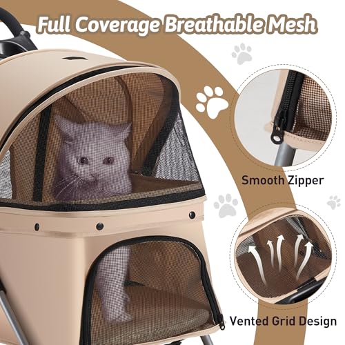 Pet Stroller  4 Wheels Pet Strolling Cart for Medium/Small Dogs and Cats  Foldable Cat Jogger/Dog Stroller with Cup Holder  Storage Basket  Breathable Mesh  All Season Pet Carrier  Khaki