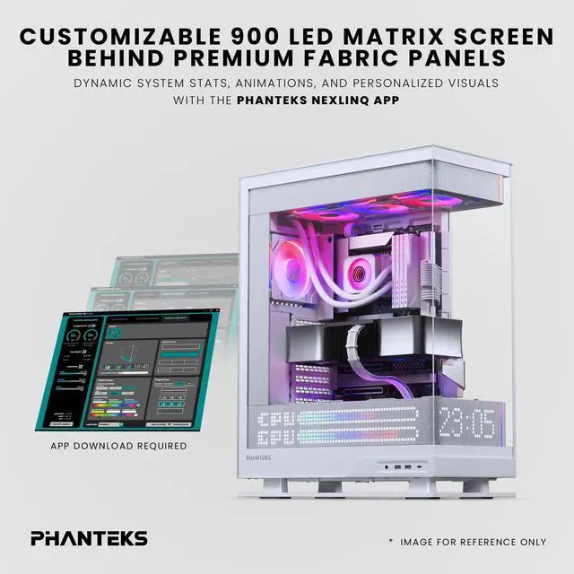 Phanteks Evolv X2 Matrix Mid Tower ATX Gaming Chassis with 900 LED Matrix Display  Fabric Interior Panel  Vertical Cooling System  Tempered Glass  Integrated D RGB Lighting  Grey White