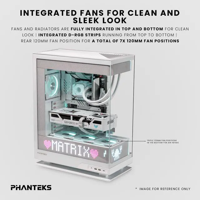 Phanteks Evolv X2 Matrix Mid Tower ATX Gaming Chassis with 900 LED Matrix Display  Fabric Interior Panel  Vertical Cooling System  Tempered Glass  Integrated D RGB Lighting  Grey White