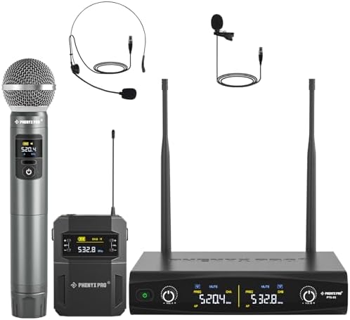 Phenyx Pro Wireless Microphone System Metal Wireless Mic Set w/Handheld/Bodypack/Headset/Lapel Mics 2 x 30 UHF Frequencies  200 ft Range  Cordless Mic for Singing  Karaoke  Church  PTU 52 1H1B 