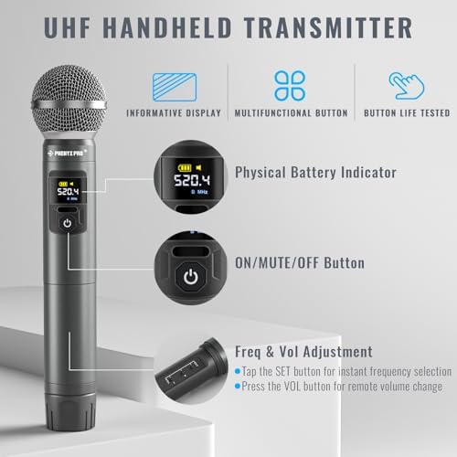 Phenyx Pro Wireless Microphone System Metal Wireless Mic Set w/Handheld/Bodypack/Headset/Lapel Mics 2 x 30 UHF Frequencies  200 ft Range  Cordless Mic for Singing  Karaoke  Church  PTU 52 1H1B 