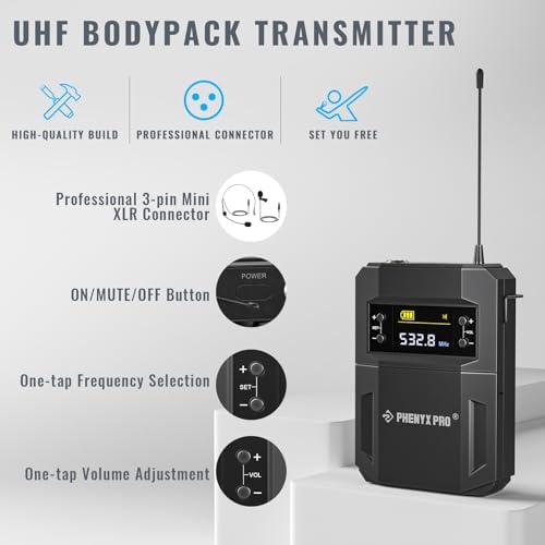 Phenyx Pro Wireless Microphone System Metal Wireless Mic Set w/Handheld/Bodypack/Headset/Lapel Mics 2 x 30 UHF Frequencies  200 ft Range  Cordless Mic for Singing  Karaoke  Church  PTU 52 1H1B 