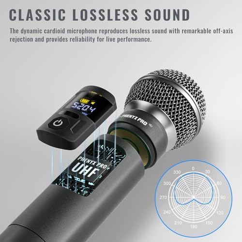 Phenyx Pro Wireless Microphone System Metal Wireless Mic Set w/Handheld/Bodypack/Headset/Lapel Mics 2 x 30 UHF Frequencies  200 ft Range  Cordless Mic for Singing  Karaoke  Church  PTU 52 1H1B 