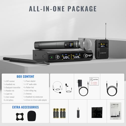 Phenyx Pro Wireless Microphone System Metal Wireless Mic Set w/Handheld/Bodypack/Headset/Lapel Mics 2 x 30 UHF Frequencies  200 ft Range  Cordless Mic for Singing  Karaoke  Church  PTU 52 1H1B 