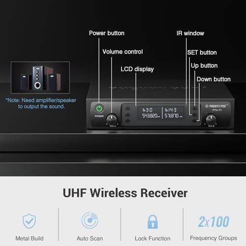 Phenyx Pro Wireless Microphone System  Dual Wireless Mics w/ 2 Handhelds  Auto Scan 2x100 UHF Frequencies 328ft Range Dynamic Microphone for Singing  Karaoke  Church PTU 71 2H