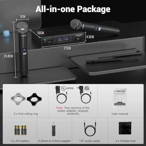 Phenyx Pro Wireless Microphone System  Dual Wireless Mics w/ 2 Handhelds  Auto Scan 2x100 UHF Frequencies 328ft Range Dynamic Microphone for Singing  Karaoke  Church PTU 71 2H