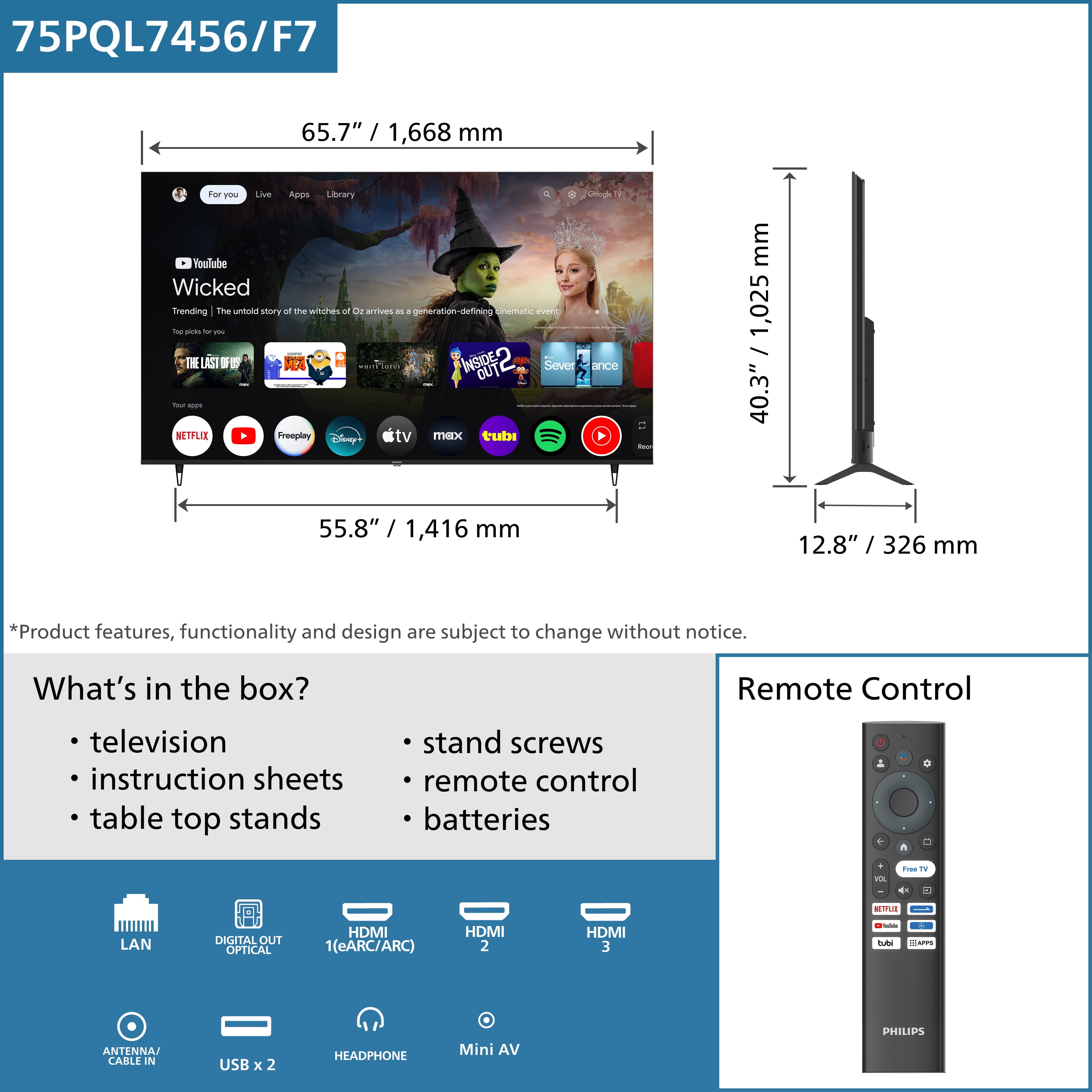 Philips 75" Class QLED 4K UHD  2160p  Google Smart TV  75PQL7456/F7 