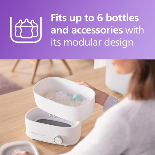 Philips Avent Baby Bottle Sterilizer and Dryer Premium  Removes 99 9  of Bacteria  Chemicals Free  Capacity 6 Bottles/Teats/Accessories  Modular Space Saving Design  Model SCF293