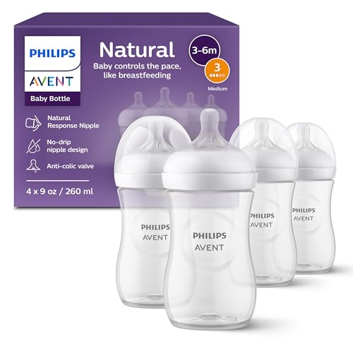 Philips Avent Natural Baby Bottles with Natural Response Nipples  Medium Flow  Flow 3   9oz  4 Pack  SCY903/04