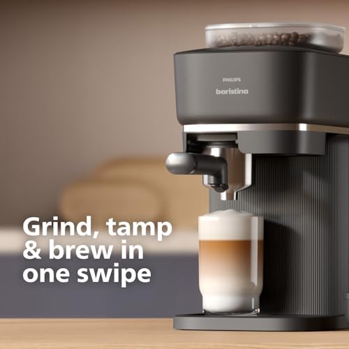 Philips Baristina Espresso Machine  Grind  Tamp & Brew Coffee Beans in One Swipe  Compact  16 Bar Pump Pressure  Automatic Grinder  Black with Black Portafilter  BAR300/60