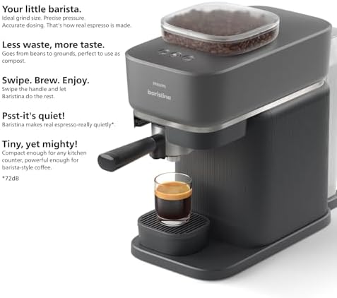 Philips Baristina Espresso Machine  Grind  Tamp & Brew Coffee Beans in One Swipe  Compact  16 Bar Pump Pressure  Automatic Grinder  Black with Black Portafilter  BAR300/60