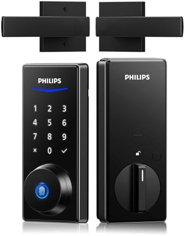 Philips Front Door Lock Set  Electronic Fingerprint Lock with 2 Lever Handles  Keyless Entry Door Lock with Handles  Auto Locking  Fingerprint Unlock  Touchscreen Keypad with Key