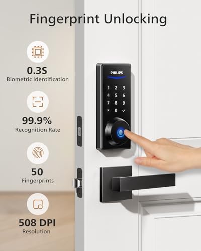 Philips Front Door Lock Set  Electronic Fingerprint Lock with 2 Lever Handles  Keyless Entry Door Lock with Handles  Auto Locking  Fingerprint Unlock  Touchscreen Keypad with Key