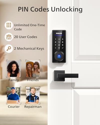 Philips Front Door Lock Set  Electronic Fingerprint Lock with 2 Lever Handles  Keyless Entry Door Lock with Handles  Auto Locking  Fingerprint Unlock  Touchscreen Keypad with Key